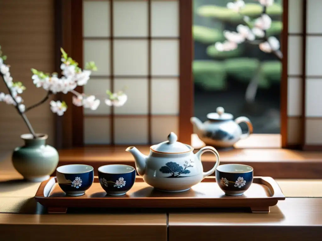 Un conjunto de té japonés vintage en una mesa de madera, con luz natural suave filtrándose por una ventana cercana