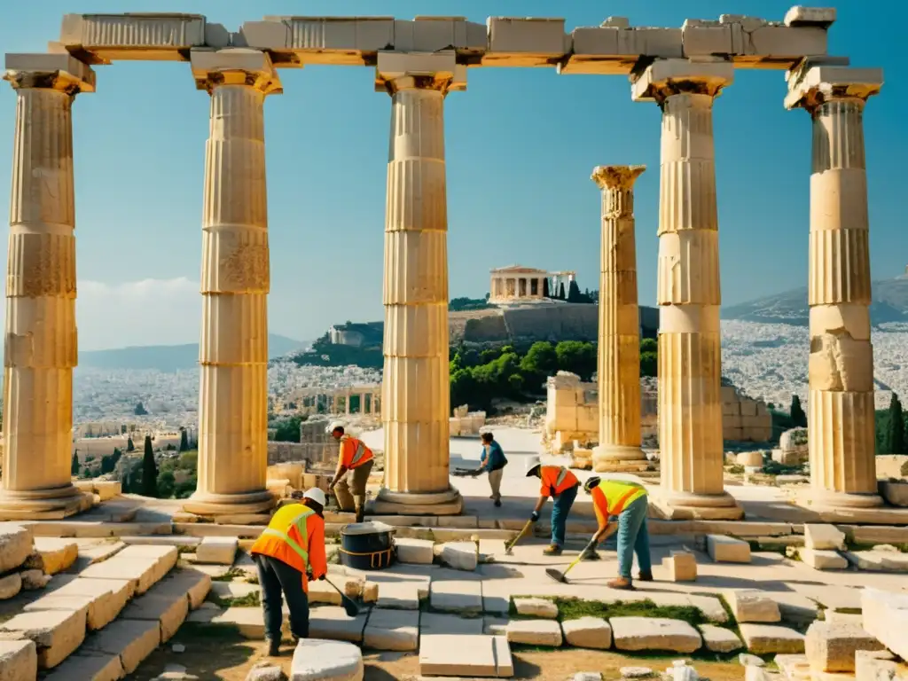 Conservadores restaurando con dedicación las ruinas antiguas de la Acropolis, evocando la exploración arquitectura épocas históricas