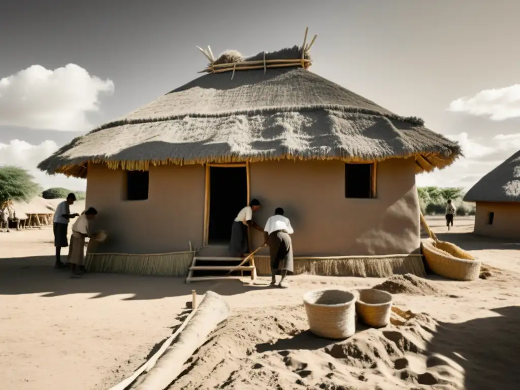 Construcción de una casa de adobe con materiales naturales y renovables en arquitectura, resaltando el esfuerzo comunitario y la artesanía tradicional