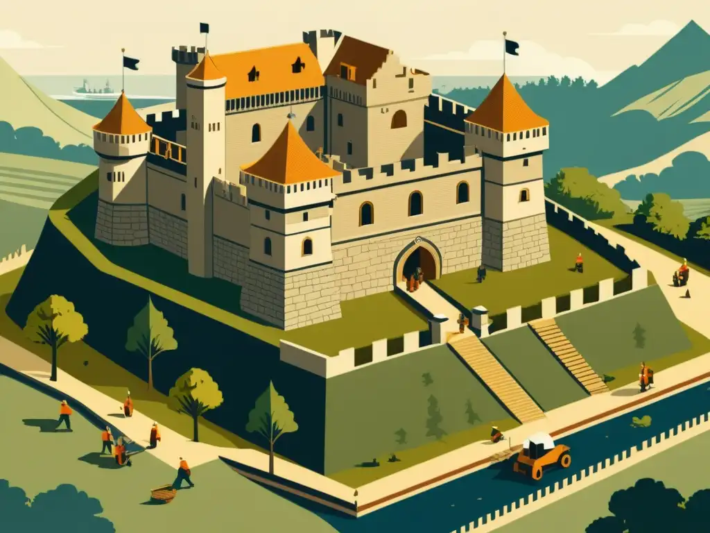 Construcción de castillo medieval, ilustrando la evolución de técnicas constructivas en defensa de castillos