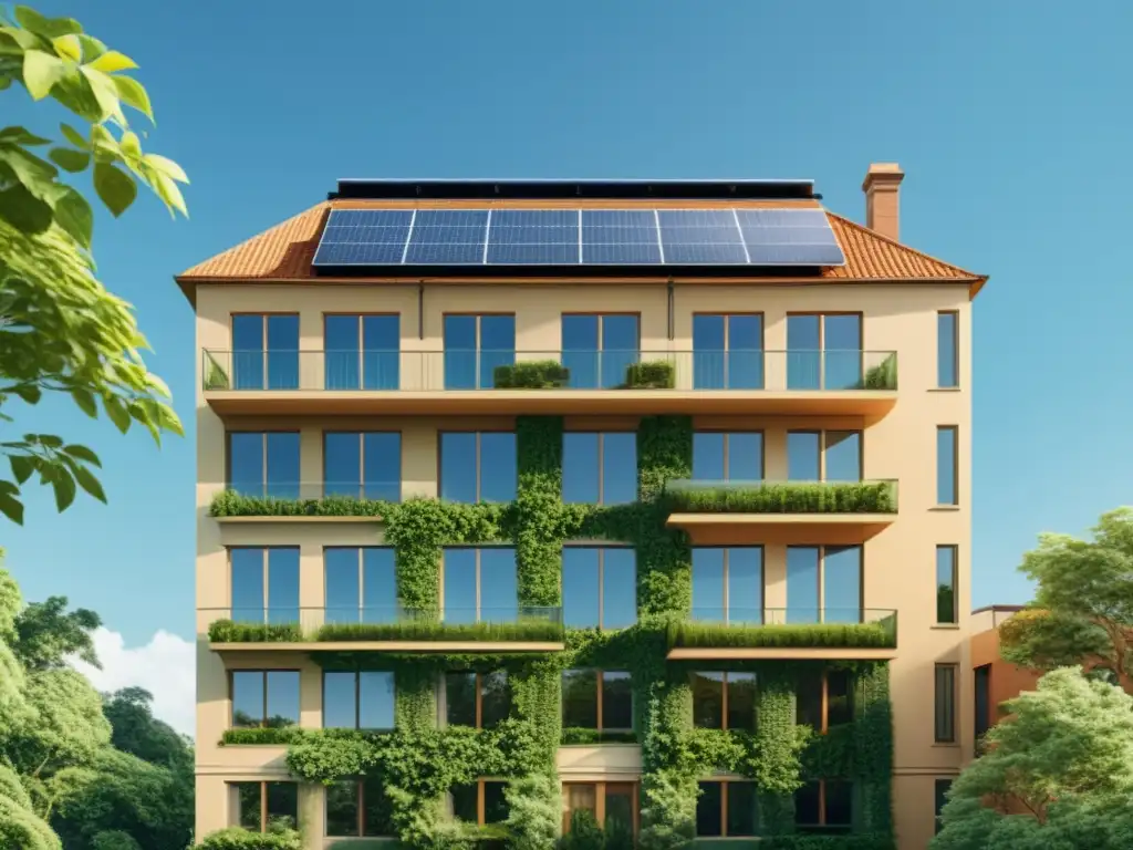 Construcción de edificios de energía cero: un edificio vintage con paneles solares, rodeado de naturaleza y cielos despejados