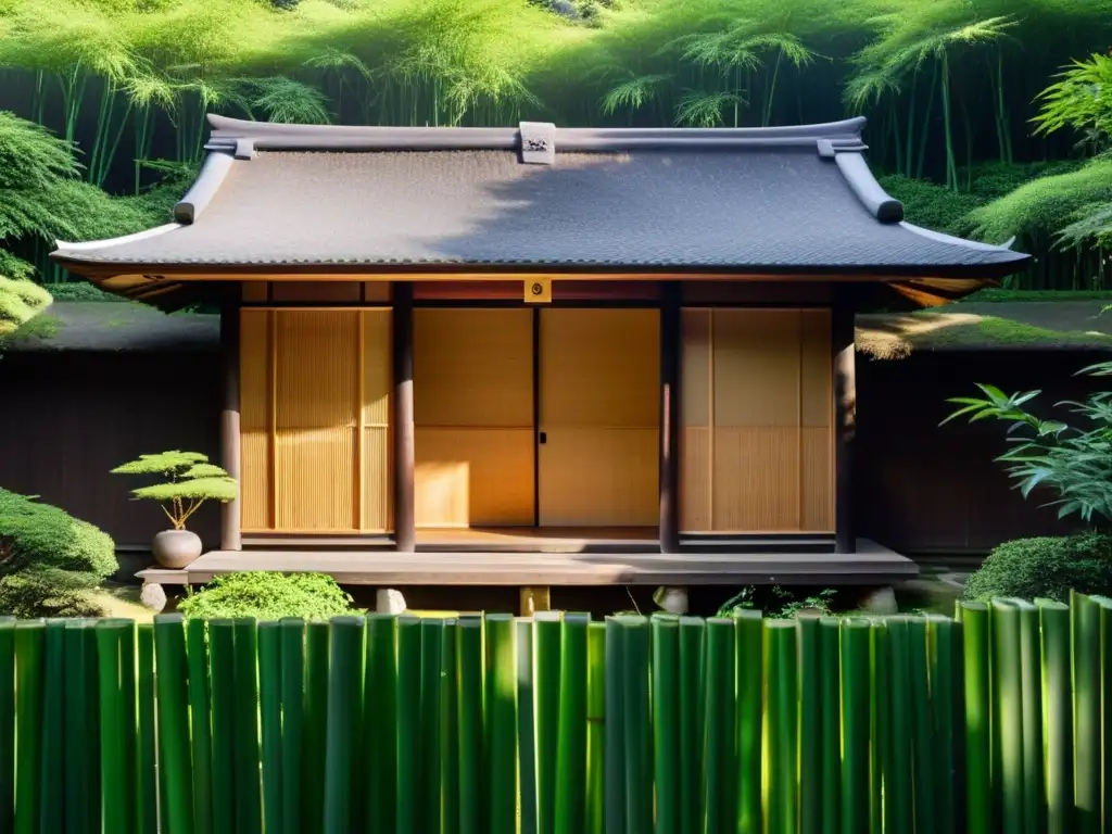 Construcción japonesa con materiales naturales sustentables: casa de madera tradicional entre bambúes, bañada por suave luz entre las sombras