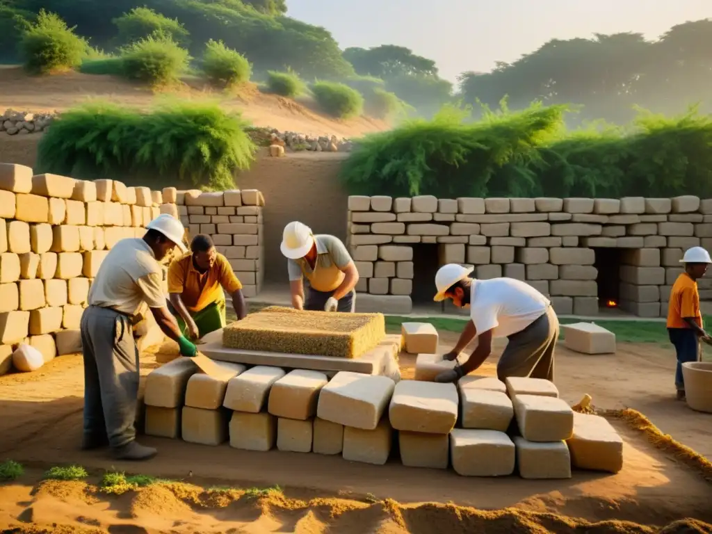 Constructores antiguos usando métodos tradicionales de protección contra incendios en una estructura de piedra al atardecer