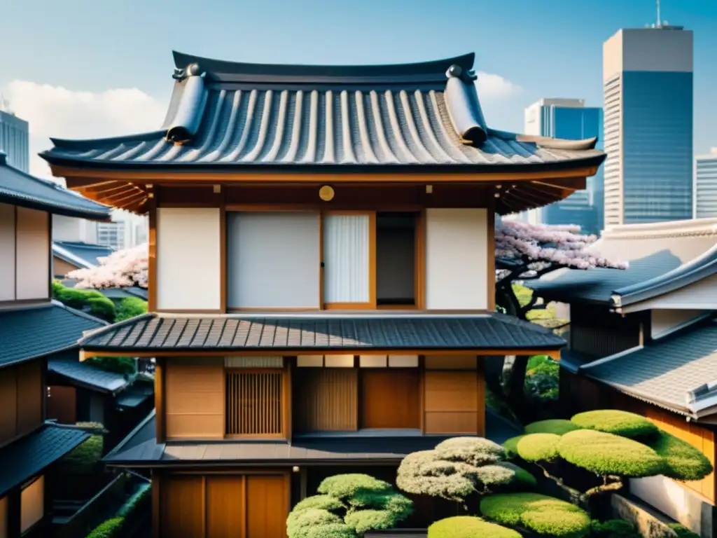 Contraste de arquitectura moderna y tradicional en Tokio: casa japonesa rodeada de rascacielos, jardín y árbol de cerezo