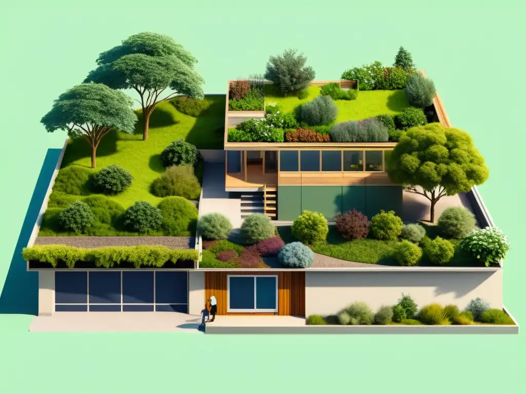 Una ilustración vintage muestra la creación de un oasis ecológico con beneficios de techos verdes, evocando nostalgia y sostenibilidad