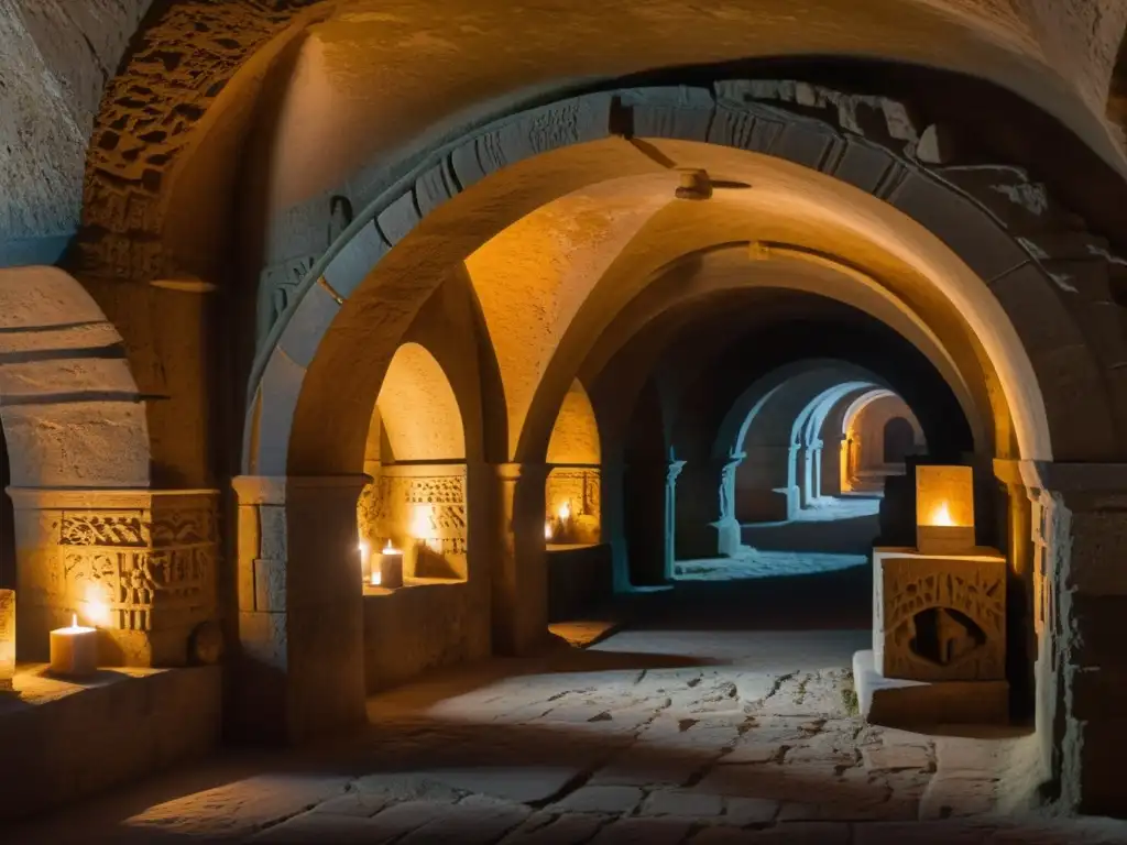 Un cripta subterránea iluminada por velas, con tumbas antiguas y arquitectura medieval