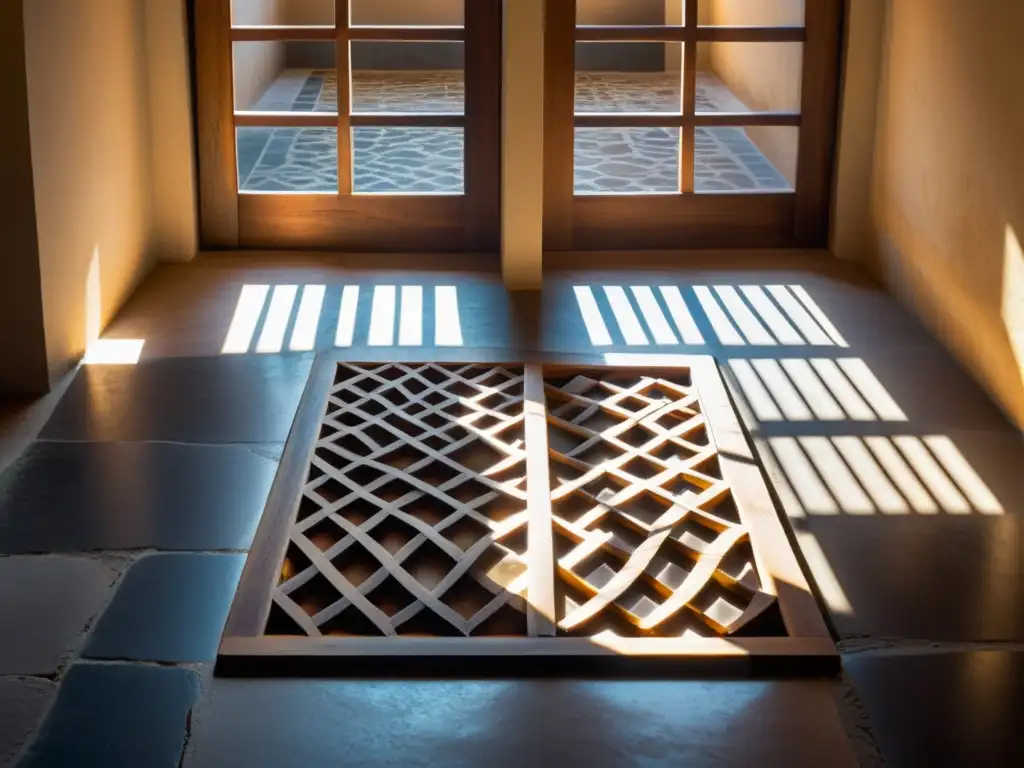 Ventilación cruzada en arquitectura histórica: Ventana de madera tallada con luz solar proyectando sombras en un antiguo patio de piedra