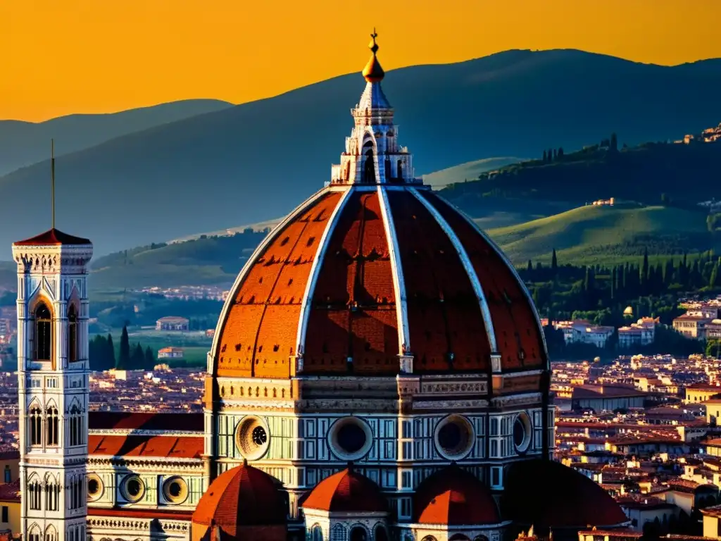 La cúpula de la Catedral de Florencia, obra maestra de Brunelleschi, resplandece con luz dorada al atardecer, destacando la arquitectura histórica