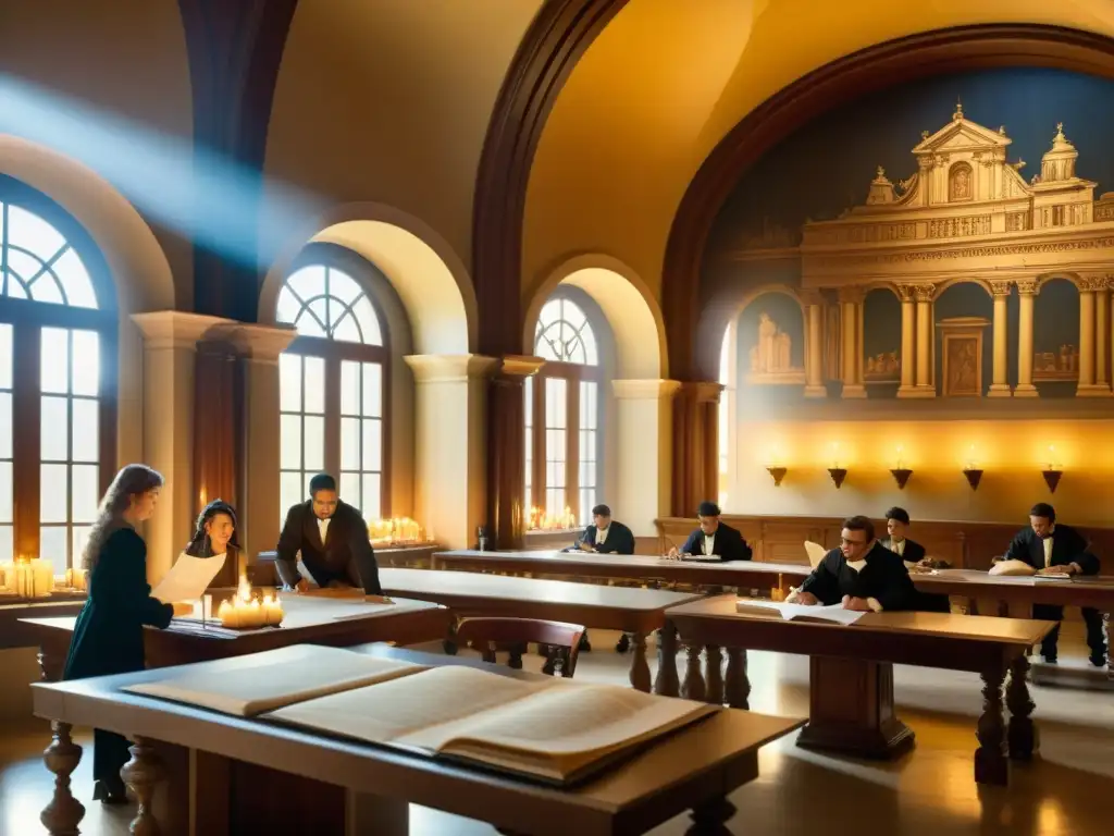 Clase de arquitectura barroca: Detalles fascinantes Cursos de arquitectura barroca: Ilustración detallada de aula barroca con estudiantes y profesor, iluminada por luz de velas