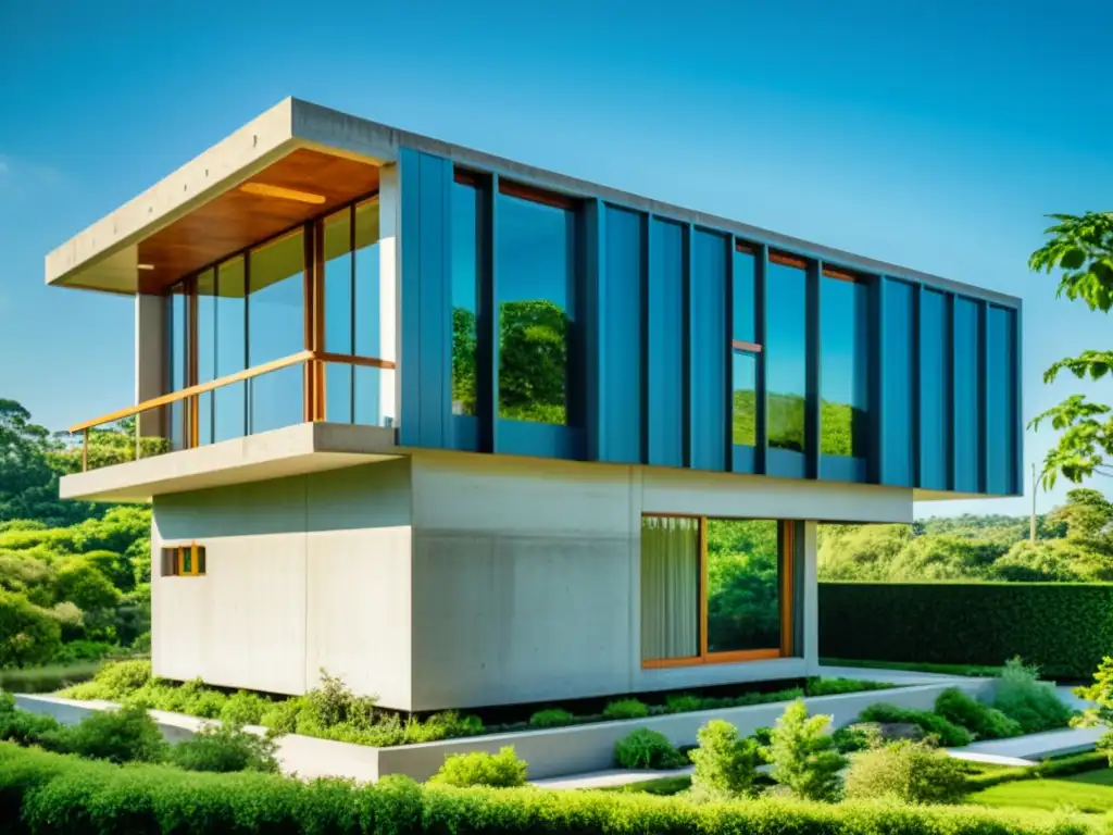Desarrollos recientes en construcción sustentable: Edificio ecológico con paneles solares y techo verde, rodeado de naturaleza