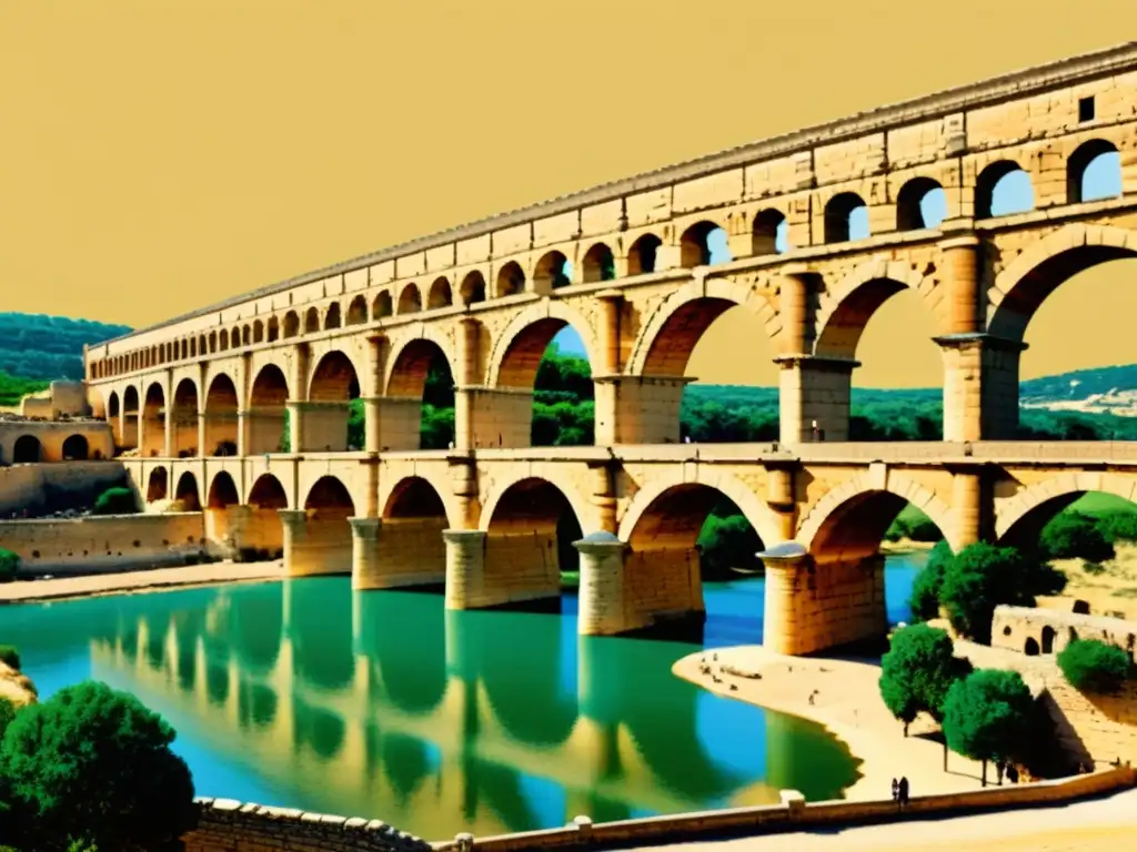 Detallada ilustración vintage del Pont du Gard, acueducto romano en Francia