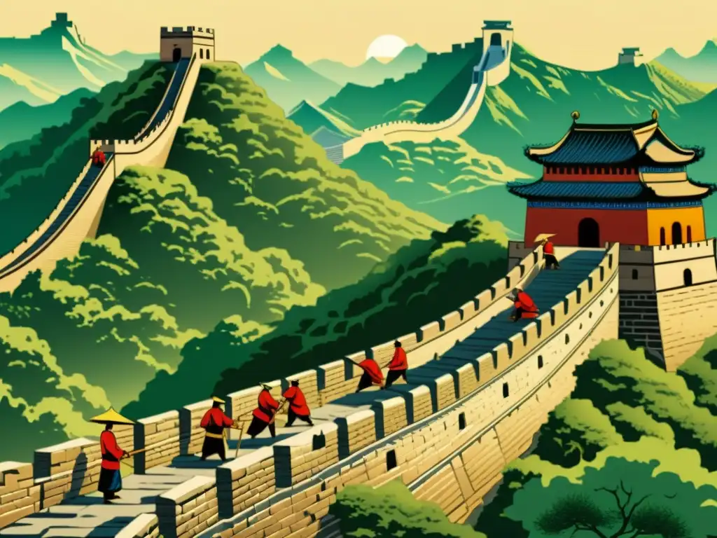 Construcción milenaria: Detalles de la Gran Muralla China Ilustración detallada de antiguos constructores chinos erigiendo la Gran Muralla, destacando las innovaciones en la construcción