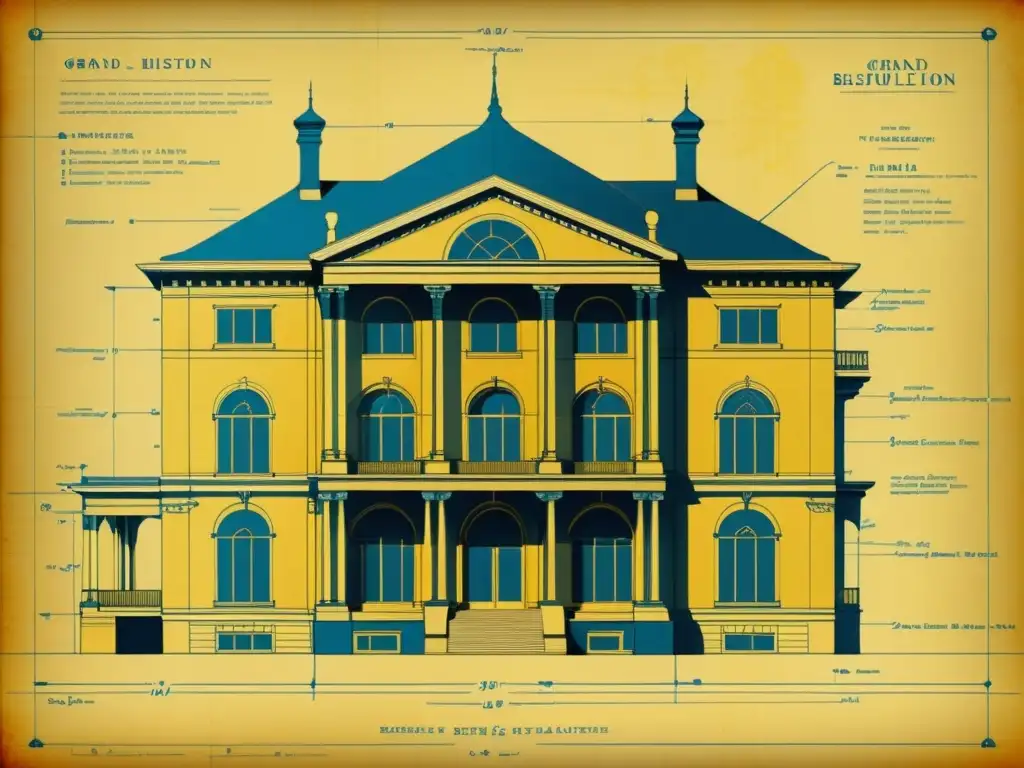 Detallada simulación arquitectónica vintage, con meticulosos planos técnicos envejecidos resaltando la precisión y complejidad del diseño