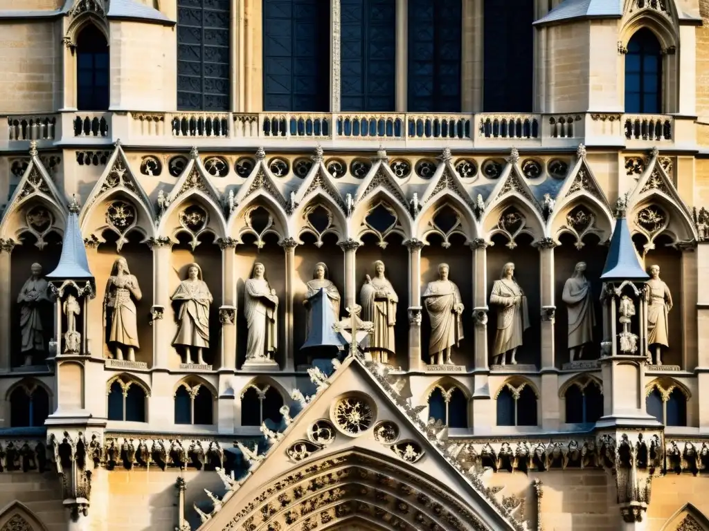 Detallada iconografía en la arquitectura gótica: intrincados grabados en piedra de Notre Dame, evocando historia y arte