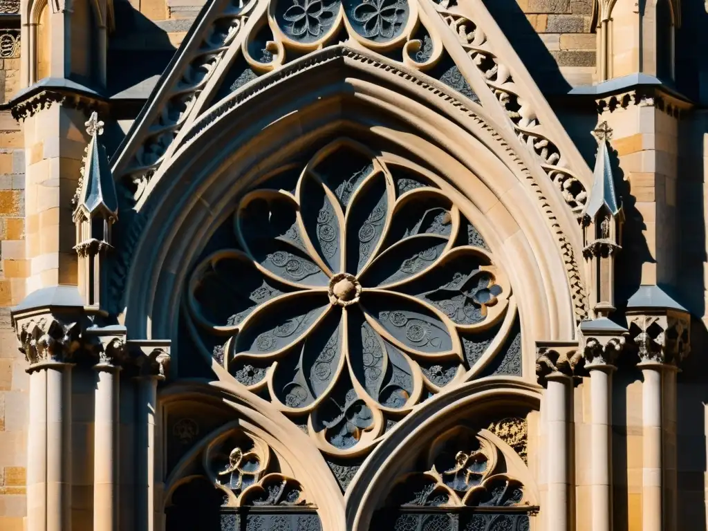 Detallada iconografía en la arquitectura gótica: intrincados motivos de piedra, juego de luces y sombras en la fachada de una catedral gótica