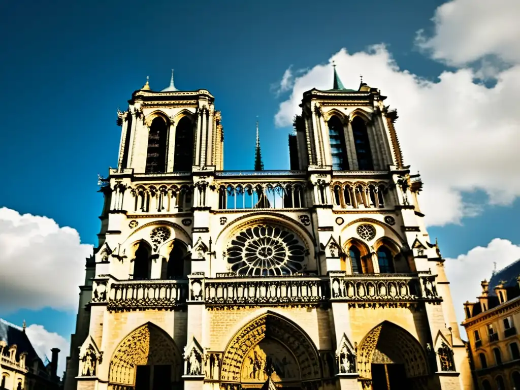 Detallada arquitectura gótica de la catedral Notre Dame, París