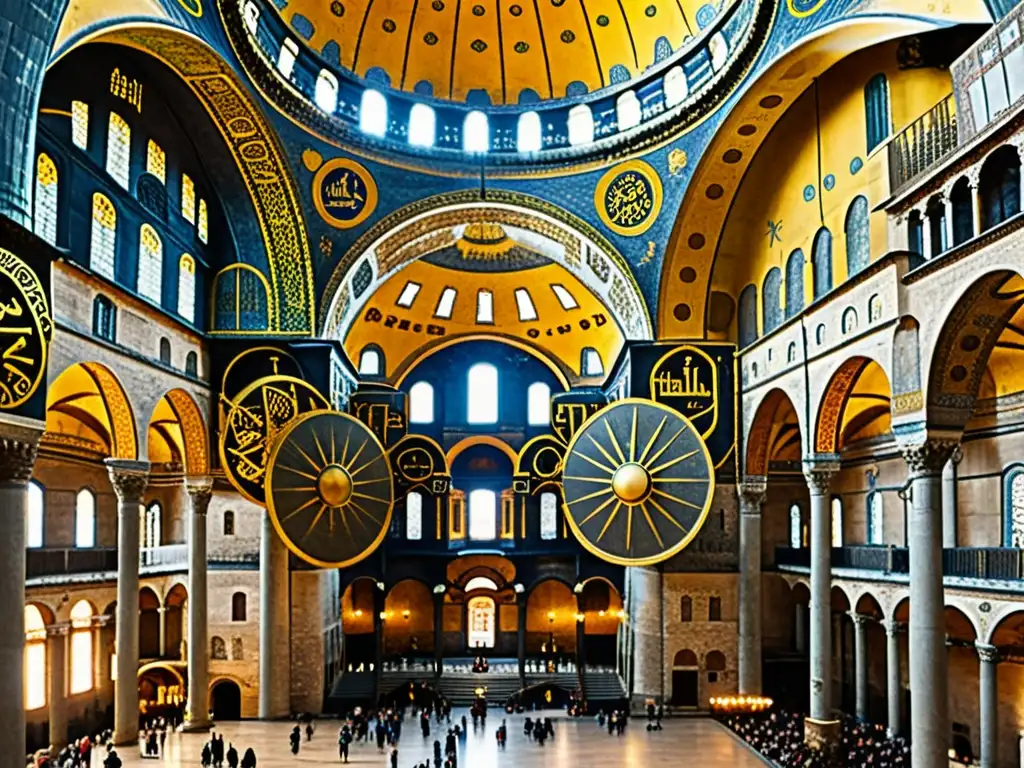Maravillosa cúpula de Hagia Sophia: detalles históricos Detallada arquitectura de Hagia Sophia cúpula, con tonos cálidos y majestuosos juegos de luz y sombra