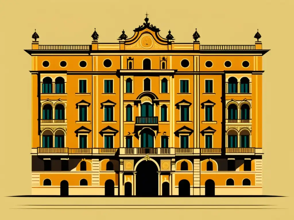 Una ilustración vintage detallada del Palazzo del Te, muestra la arquitectura manierista italiana con elegancia atemporal