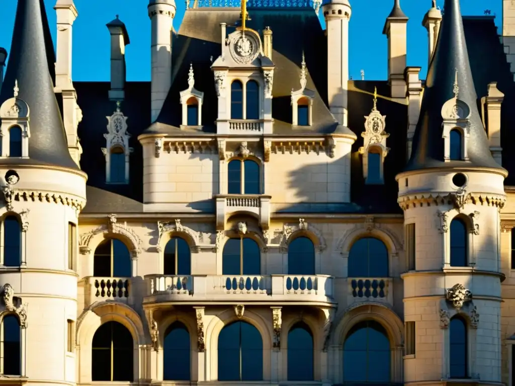 Detallada arquitectura manierista del Château de Chambord, resaltada por la luz solar