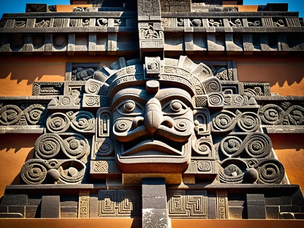 Detallada arquitectura Maya y Azteca en el Templo de la Serpiente Emplumada en Teotihuacan, con tonos cálidos y juego de luces y sombras