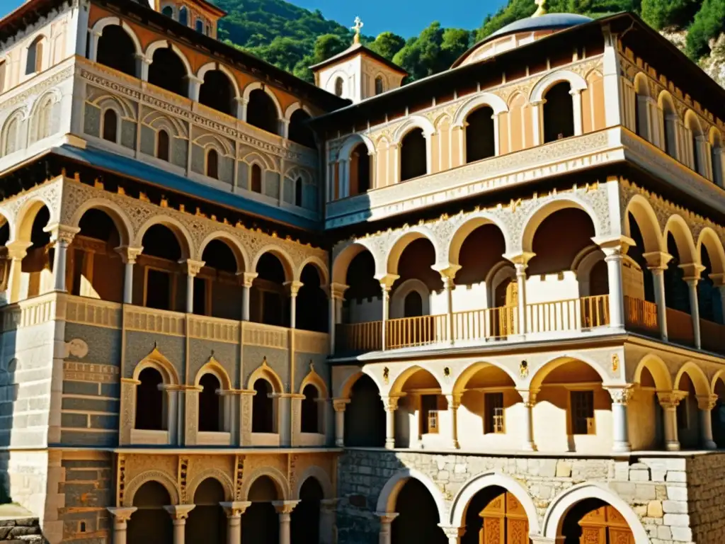 Detallada arquitectura de Monte Athos: el exterior ornamental de un antiguo monasterio, con tonos cálidos y paisaje natural de fondo