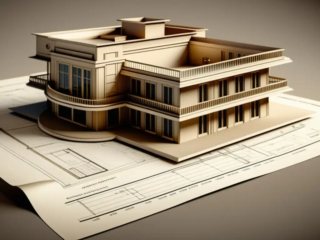 Detallada guía de arquitectura con planos y diseño interior en tonos sepia, destacando la meticulosidad del modelado arquitectónico con Autodesk Revit