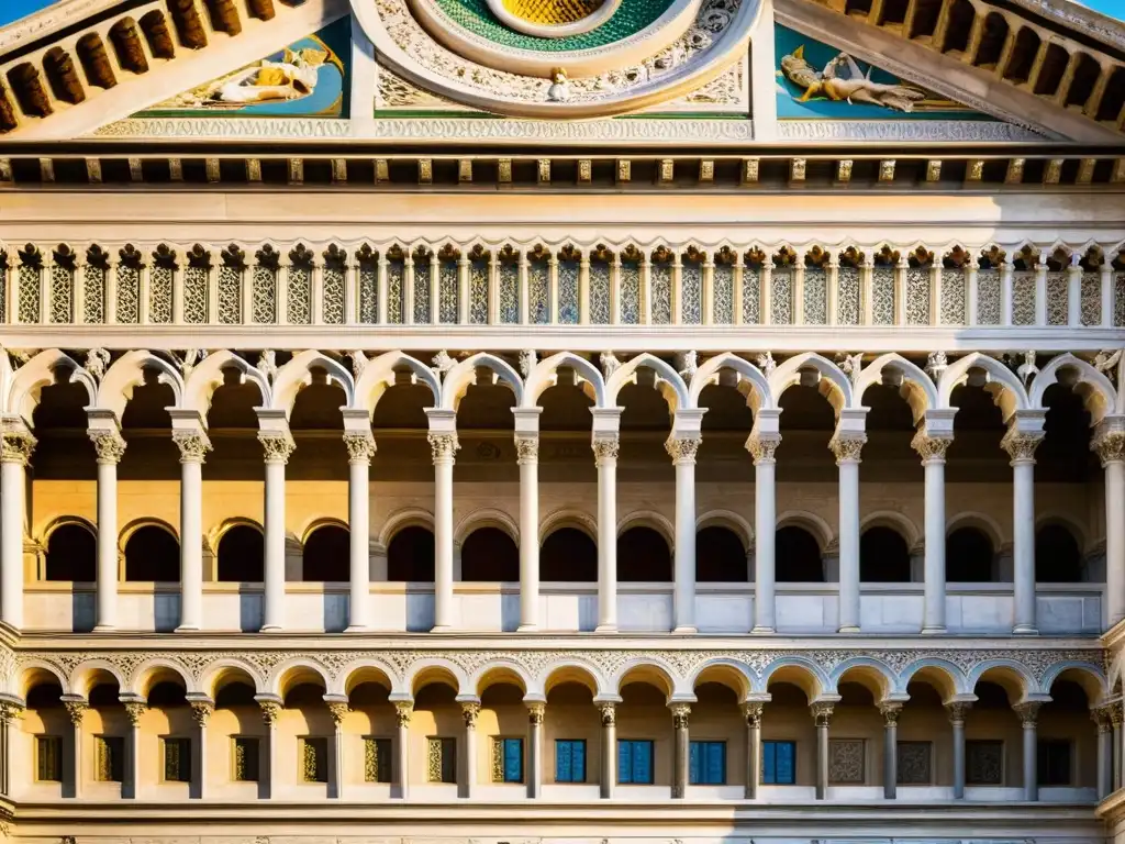 Detallada arquitectura religiosa del Primer Renacimiento: la fachada de mármol de la Capilla Pazzi, iluminada por cálidos rayos de sol