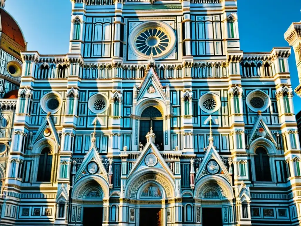 Detallada arquitectura renacentista influenciada por humanismo en la fachada de la Catedral de Florencia, bañada por cálida luz solar