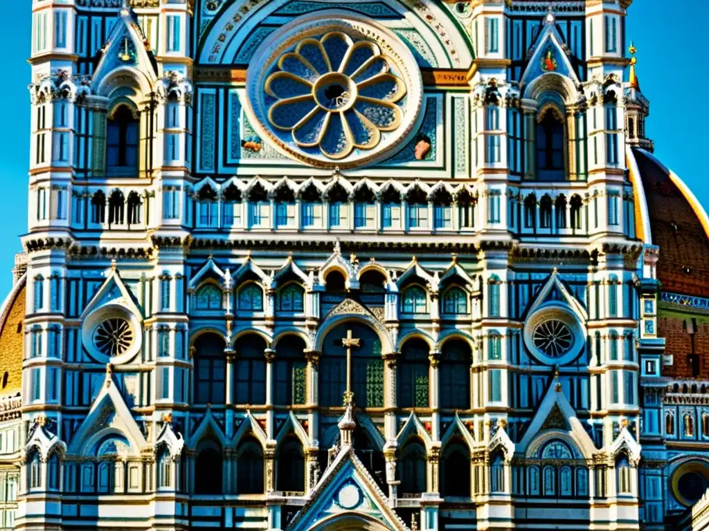 Detallada arquitectura renacentista influenciada por humanismo en la fachada de la Catedral de Florencia, iluminada por cálida luz solar