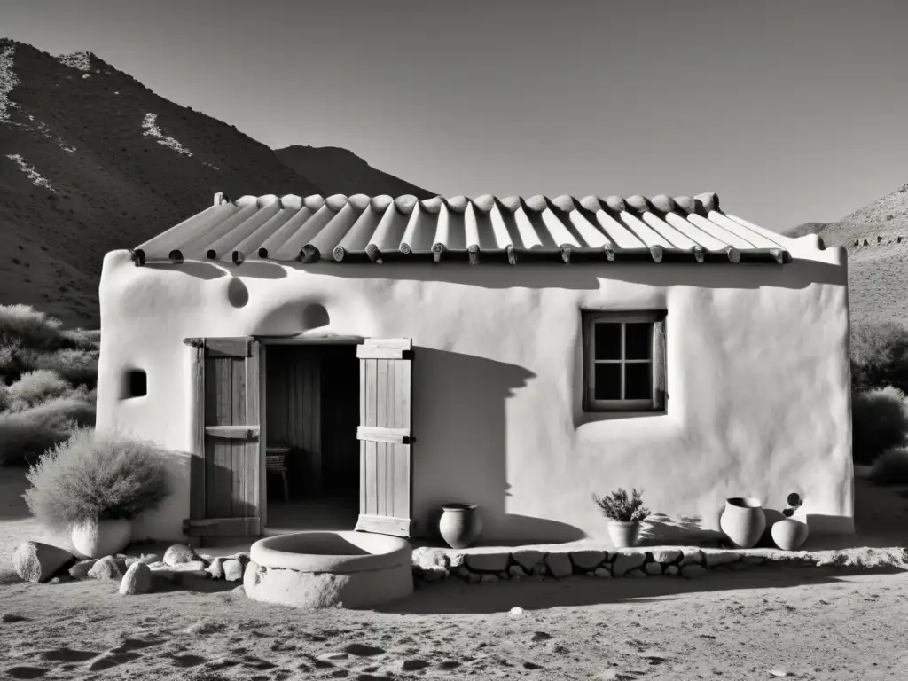 Una fotografía detallada en blanco y negro del siglo XIX muestra una casa de adobe con una gran pared Trombe