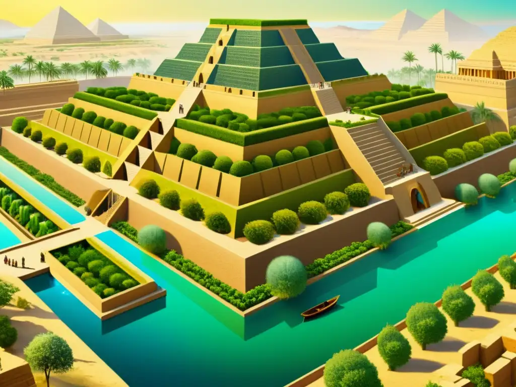 Detallada ilustración vintage de la construcción de los Jardines Colgantes de Babilonia en Mesopotamia