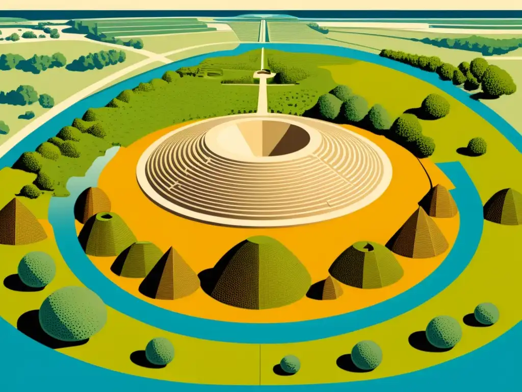 Una ilustración vintage detallada de la organización espacial de la cultura Mississippiana, con mounds, patrones e interconexión de estructuras