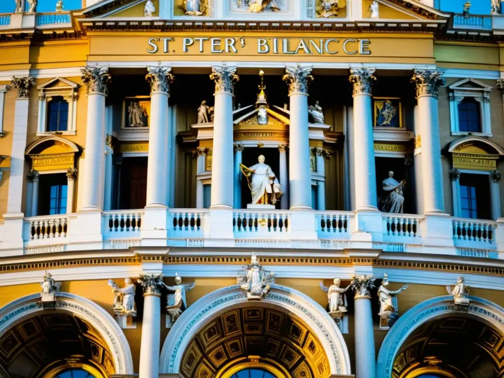 Detalle dorado: fachada de San Pedro del Vaticano Una detallada imagen de la fachada de la Basílica de San Pedro en el Vaticano, resaltando el arte y arquitectura renacentista