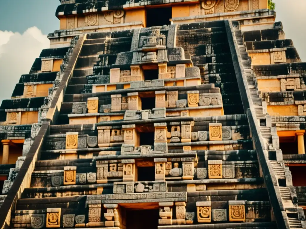 Detallada imagen vintage de un templo maya, destacando la innovación en la construcción y la rica herencia cultural