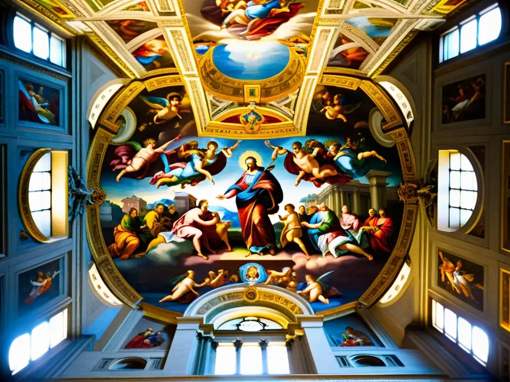 Detallada integración del arte en arquitectura renacentista en los frescos de la Capilla Sixtina, representando la grandiosidad y elegancia del espacio