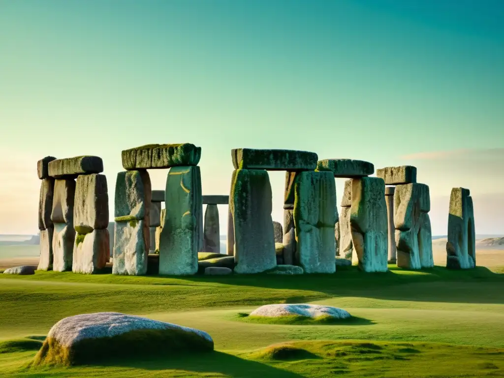 Fotografía detallada de Stonehenge, resaltando sus métodos de levantamiento y la atmósfera nostálgica y reverente del sitio histórico