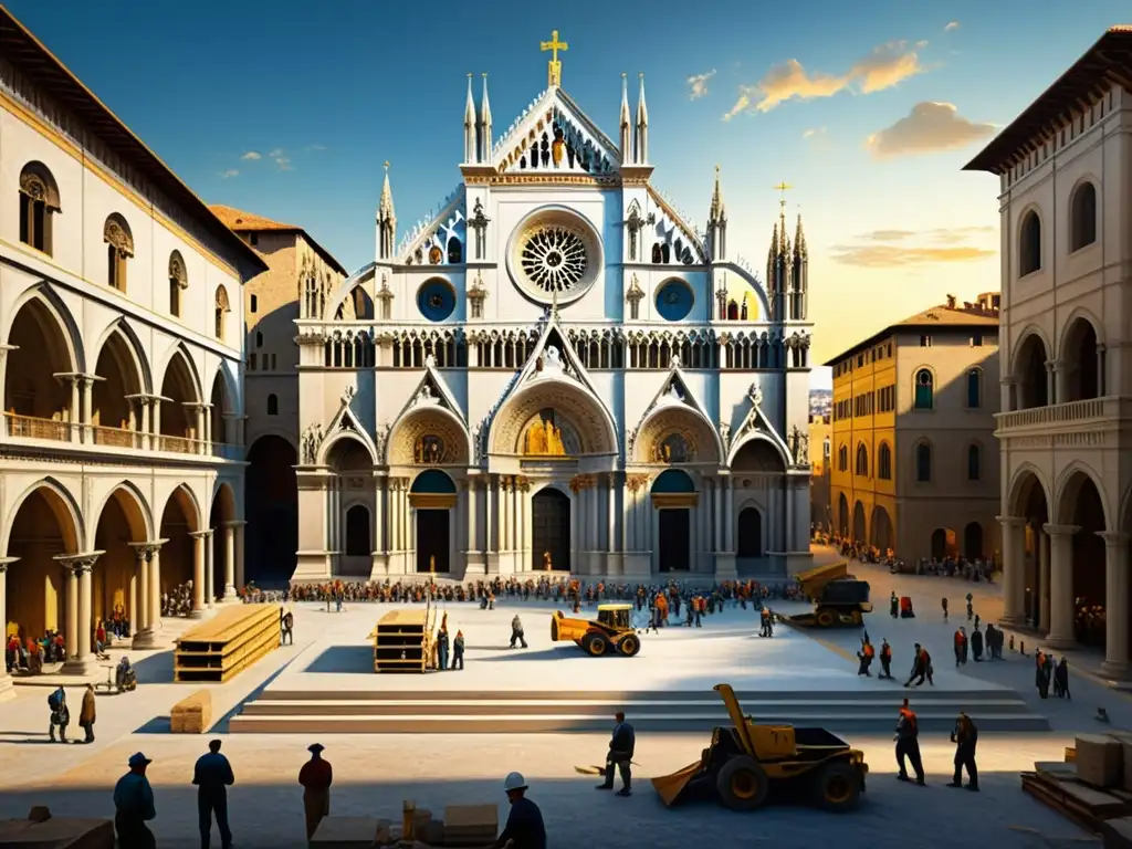 Escena Renacentista: Construcción de Catedral Una detallada pintura renacentista de un bullicioso sitio de construcción italiano, con artesanos colocando minuciosamente fachadas de mármol en una catedral, mientras obreros transportan pesados bloques de piedra y arquitectos consultan detallados planos bajo el cálido resplandor