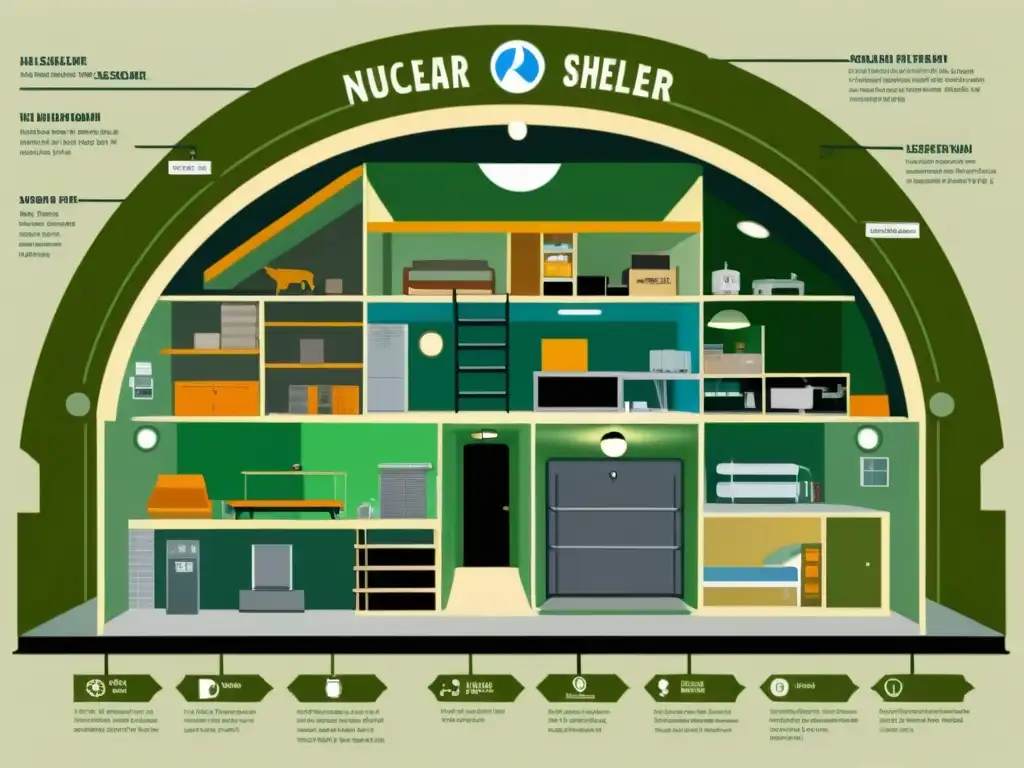 Detallada ilustración del diseño de refugios antinucleares históricos, muestra su funcionalidad y preparación para amenazas nucleares