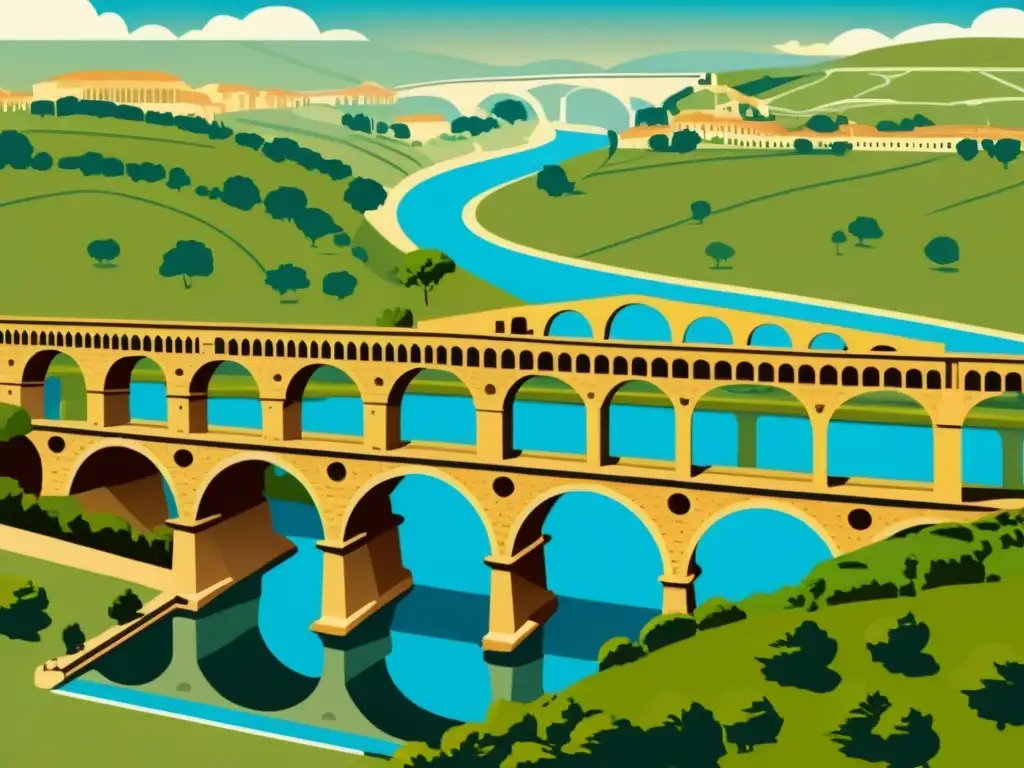 Detallada ilustración vintage de los sistemas de acueductos en Roma, con arcos, canales y puntos de distribución de agua