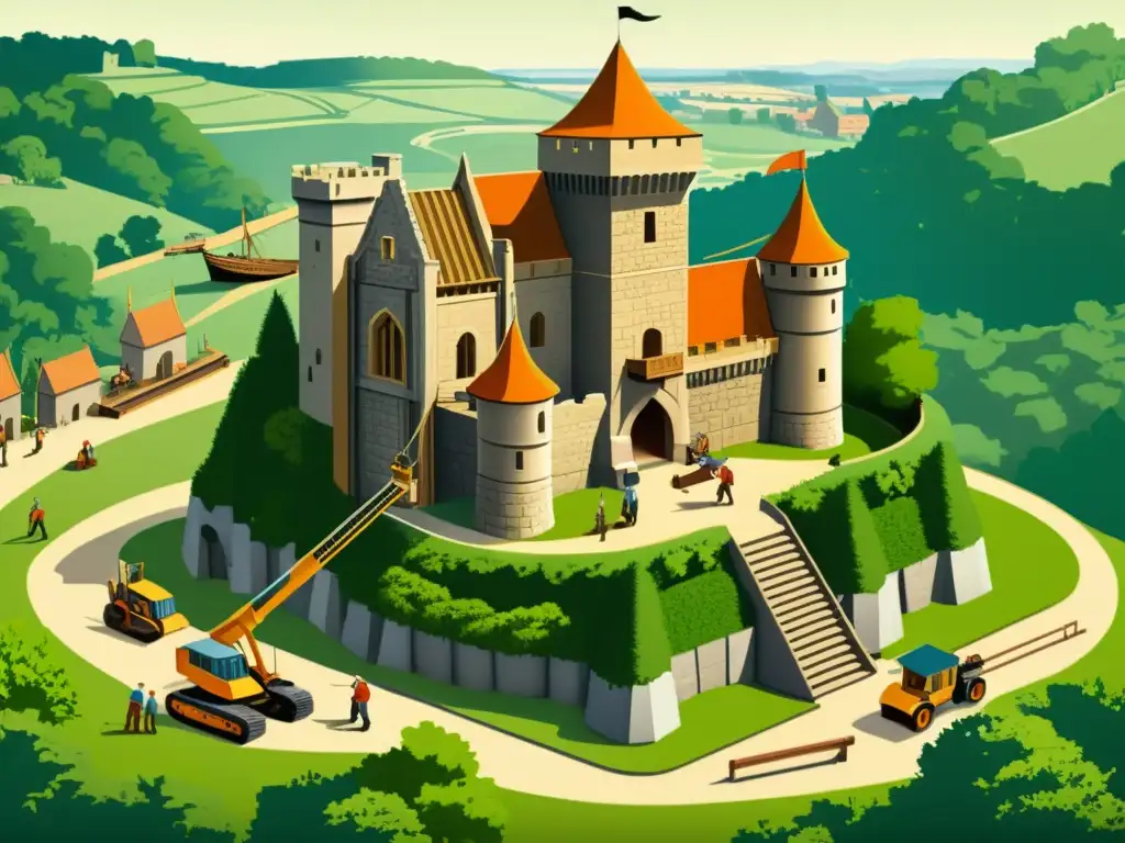 Detallada ilustración vintage de un sitio de construcción de castillo medieval, mostrando la evolución de técnicas de construcción