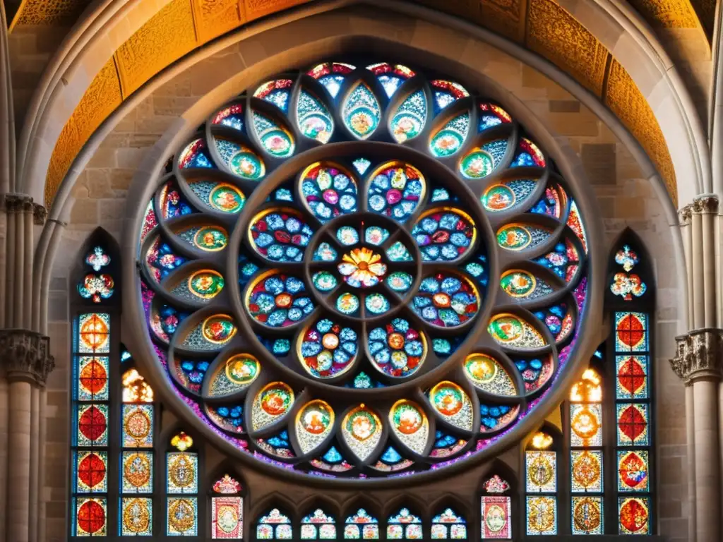 Detallada ventana rosa de la Catedral de NotreDame, con trazados y vidrieras que evocan la magnificencia de la arquitectura histórica en París