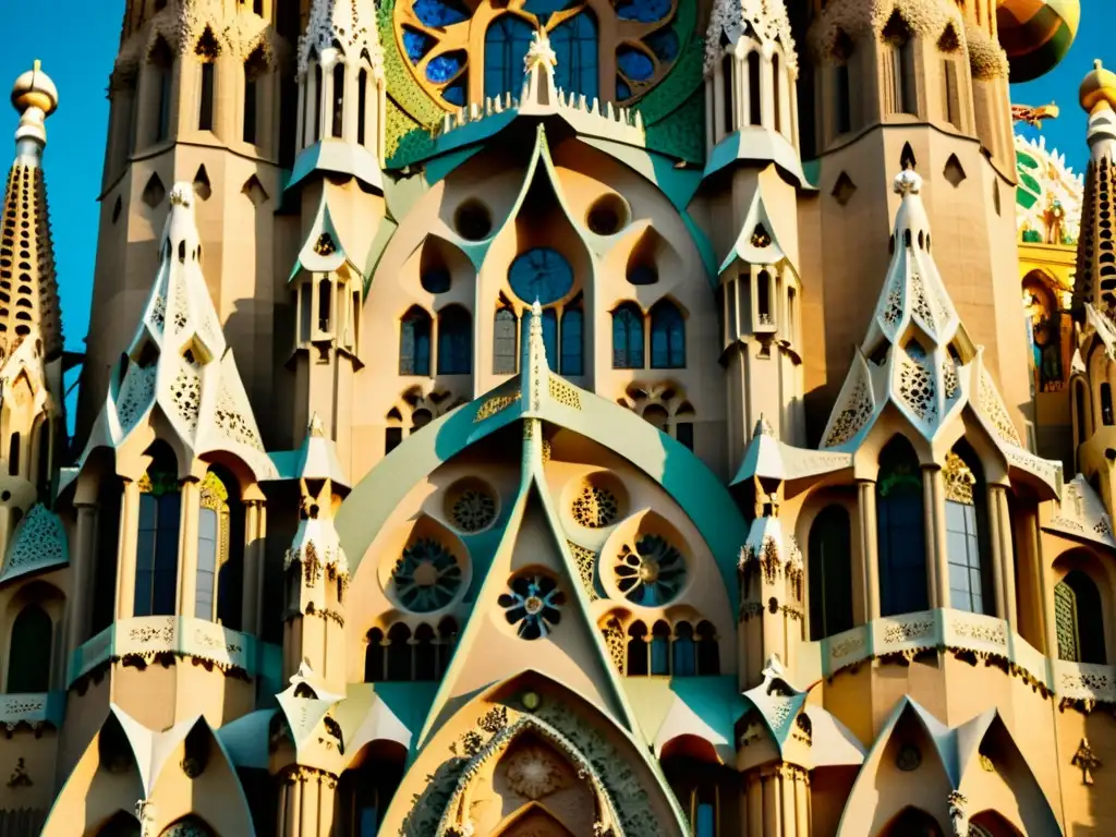 Una fotografía detallada y vintage de la fachada de La Sagrada Familia, destacando la belleza de la arquitectura modernista de Barcelona