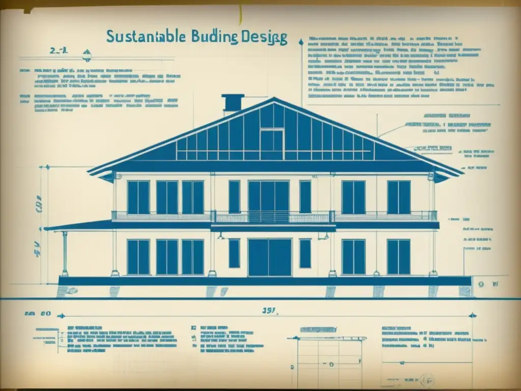 Detallado diseño arquitectónico sostenible en sepia, con anotaciones y cálculos a mano