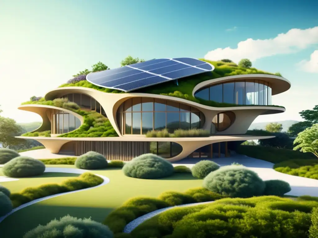 Detallado dibujo arquitectónico de edificio inspirado en formas naturales, con integración de energías renovables y biomimicry