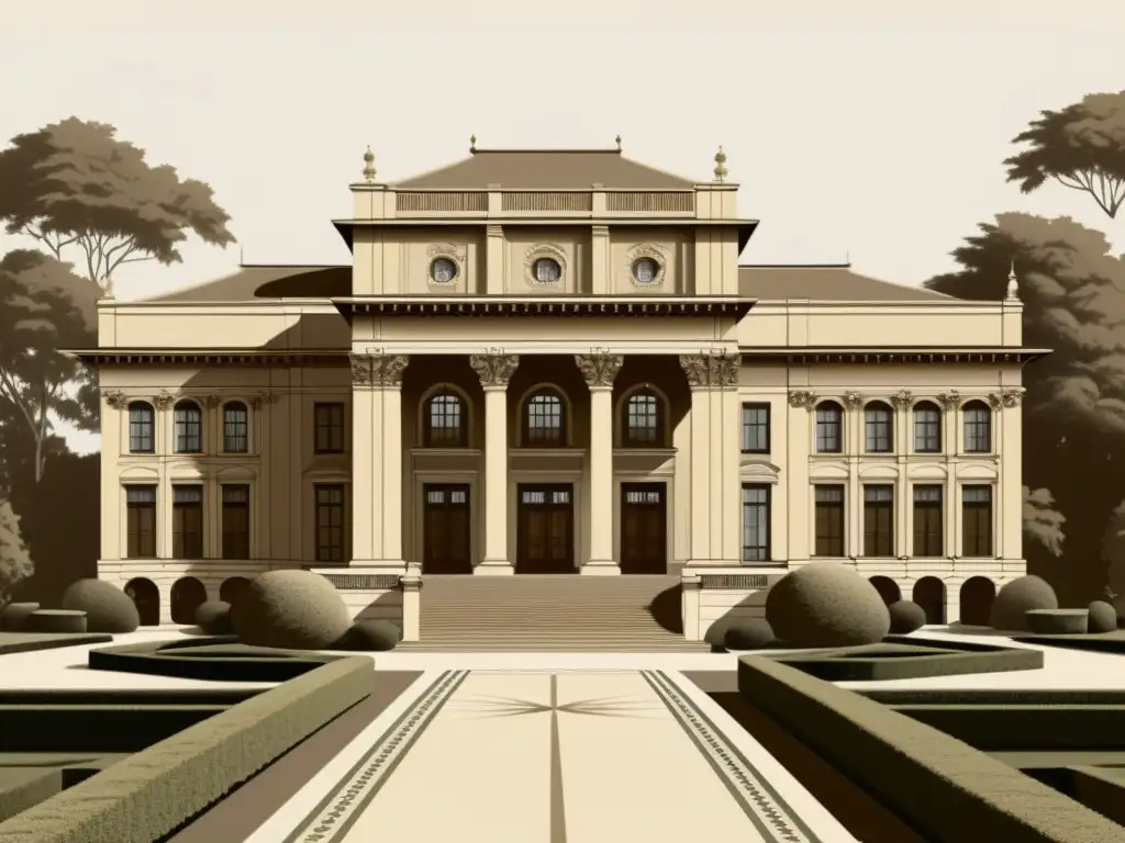 Arquitectura manierista: dibujo vintage de un majestuoso edificio Detallado dibujo arquitectónico manierista en sepia con técnicas espaciales, jardines simétricos y juego de luces y sombras