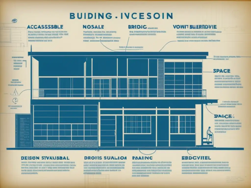 Un detallado dibujo vintage de un diseño arquitectónico inclusivo, con rampas accesibles, baños de género neutro y representación diversa de personas