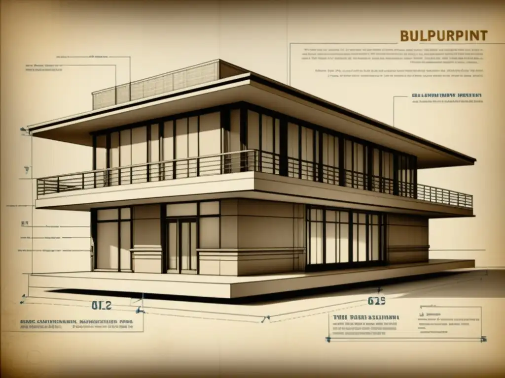 Detallado dibujo vintage de una estructura arquitectónica moderna, fusionando técnicas tradicionales con Autodesk Revit