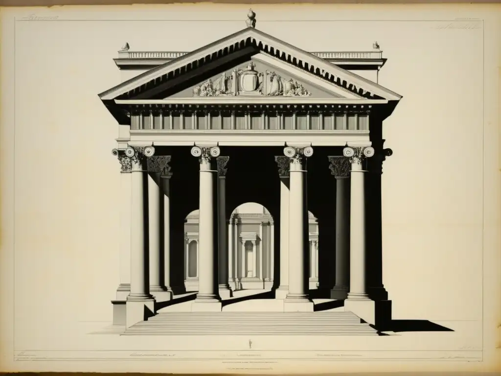 Detallado dibujo vintage del Tempietto de Bramante, capturando su elegancia atemporal y maestría en el estudio arquitectónico del Alto Renacimiento