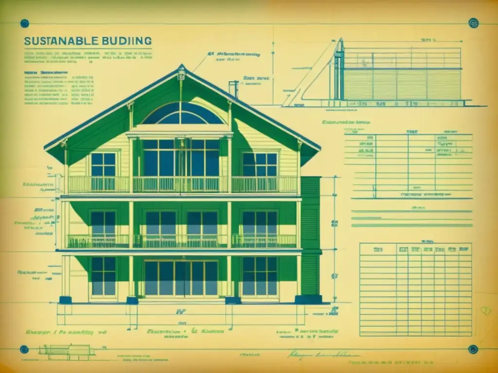 Detallado diseño sostenible para minimizar huella de carbono en construcción, con anotaciones manuscritas sobre un plano vintage en papel envejecido