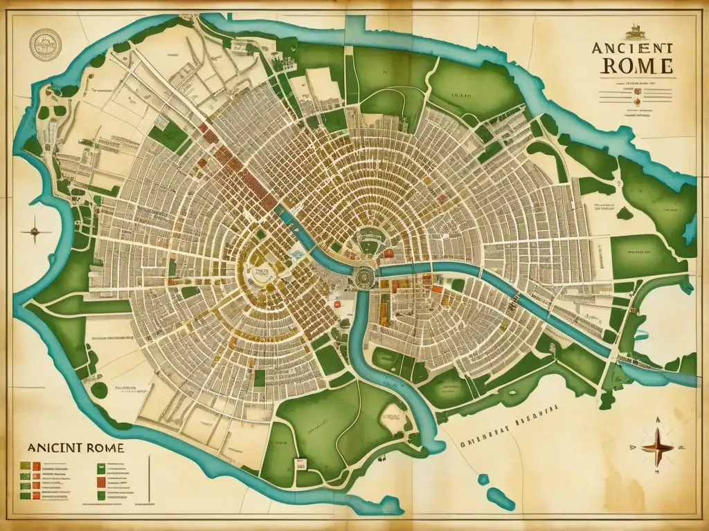 Un detallado mapa antiguo de Roma muestra su intrincado diseño urbano y edificios históricos